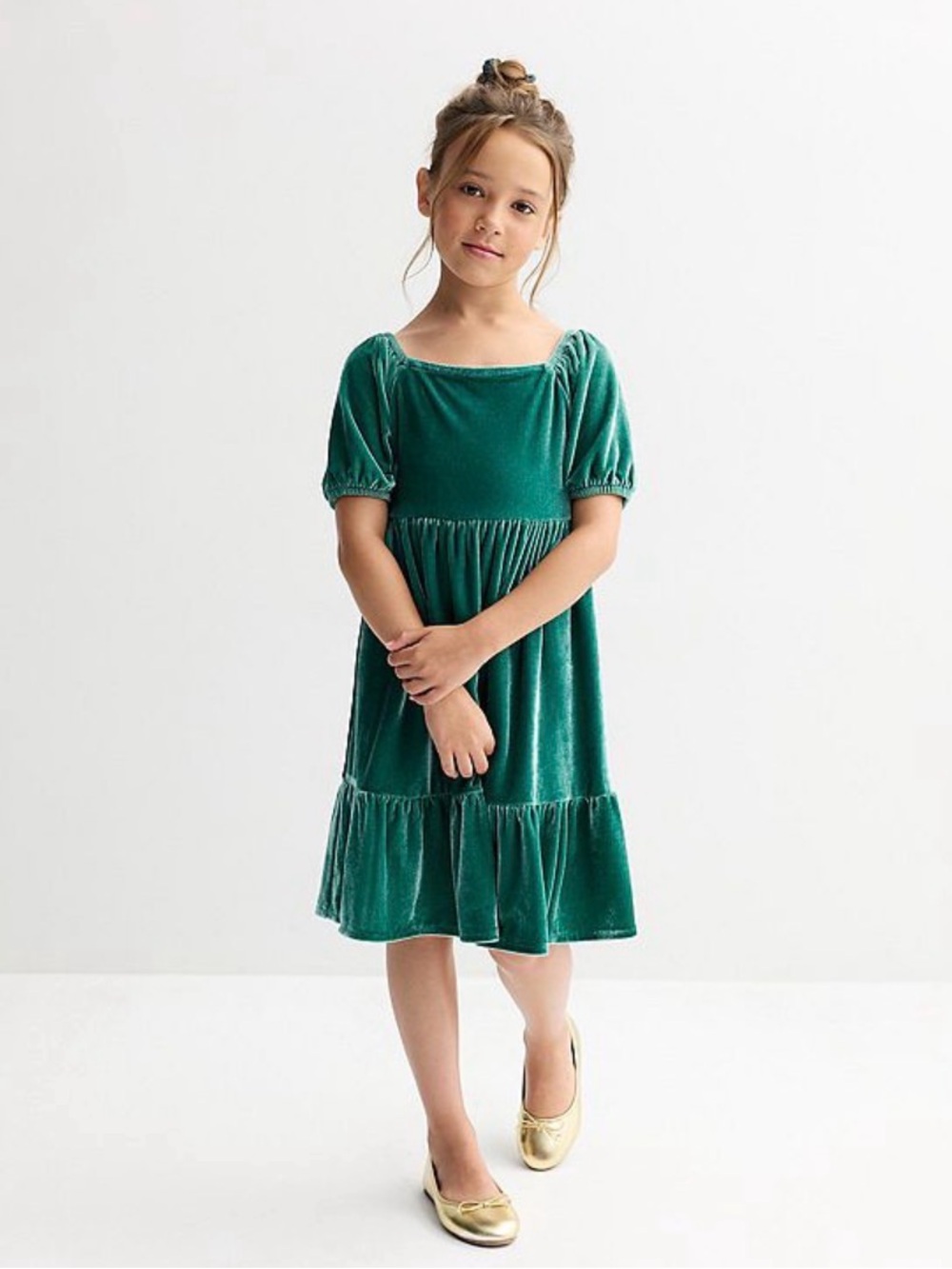 Carter's Girls' Velvet Puff Short Sleeve Dress in Emerald Size 6X